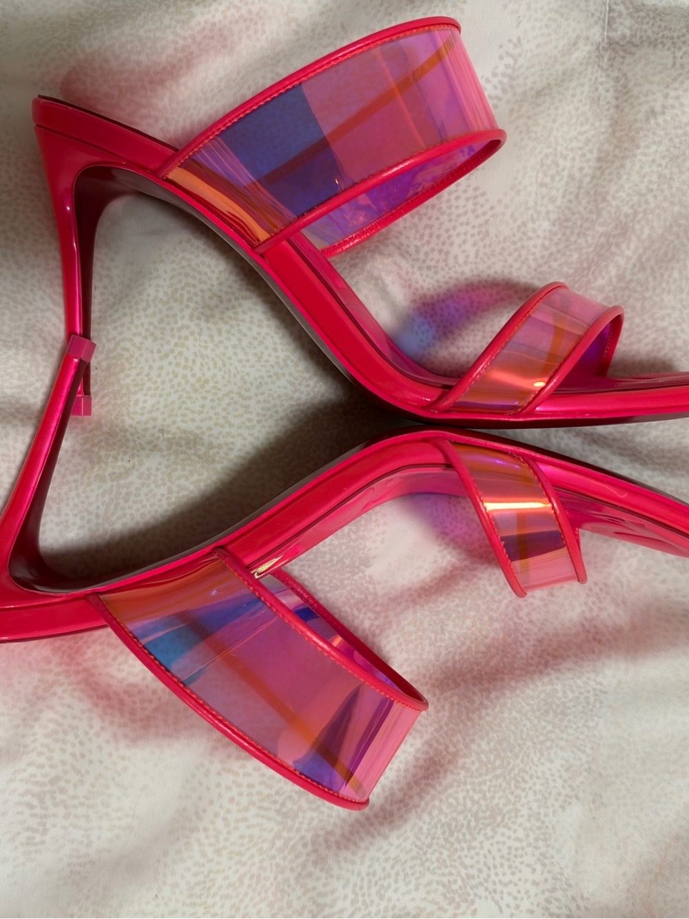 Christian Louboutin Pink Iridescent Strappy Heels with Signature Red Soles